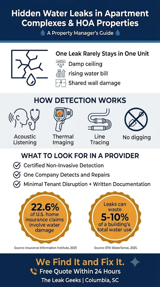 Infographic: hidden water leaks in apartment complexes and HOA properties — a property manager’s guide covering detection methods, what to look for in a provider, and water-damage statistics